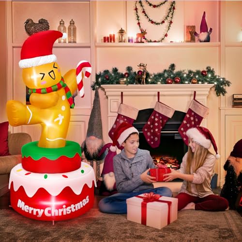 OurWarm 5FT Gingerbread Christmas Inflatable Outdoor Decoration - Rotating Santa Hat & Candy Cane