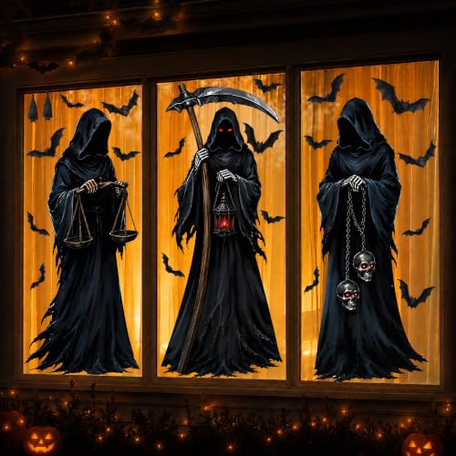 Large Halloween Grim Reaper Window Clings - Spooky Reaper & Bat Decorations