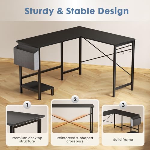 DUMOS L-Shaped Computer Desk with PC Stand - Reversible Corner Workstation, Black / 50-In