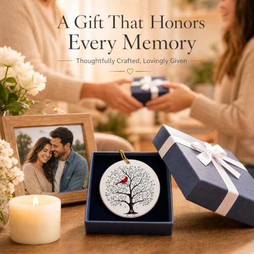 In Loving Memory Memorial Ornament - Mom & Dad Keepsake Christmas Decoration - Tree of Life Design with Cardinal - Double-Sided Ceramic Tribute