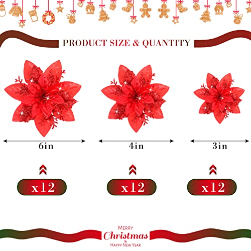 36 Pcs Artificial Poinsettias Christmas Decorations - Red (Variation: Red)