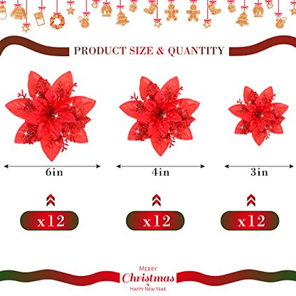 36 Pcs Artificial Poinsettias Christmas Decorations - Red (Variation: Red)