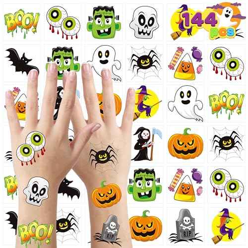 JOYIN 144 PCS Halloween Temporary Tattoos for Kids, 12 Designs Bulk Fake Tattoos Stickers for Halloween Party Favors Decorations, Supplies Trick or Treat Game Gifts Goodie Bags, Class Game Prizes