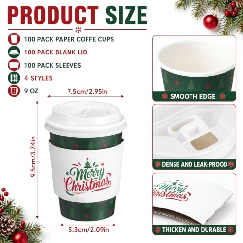 Christmas Paper Cups 9 oz Set with Sleeves and Lids - Red & Green Classic Design