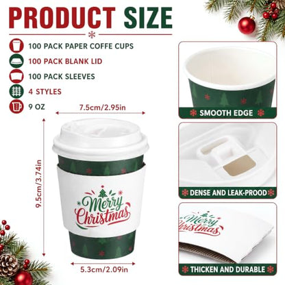 Christmas Paper Cups 9 oz Set with Sleeves and Lids - Red & Green Classic Design