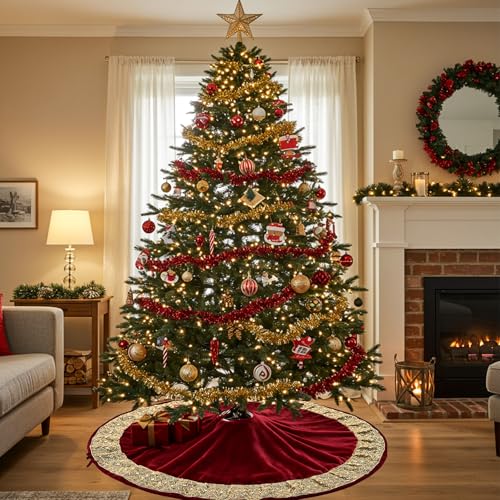 48 Inch Luxury Red Velvet Christmas Tree Skirt with Gold Glitter Trim