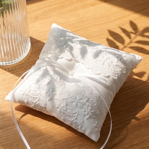 Pearl Ivory Wedding Ring Pillow with Lace and Ribbon Bow for Ceremony