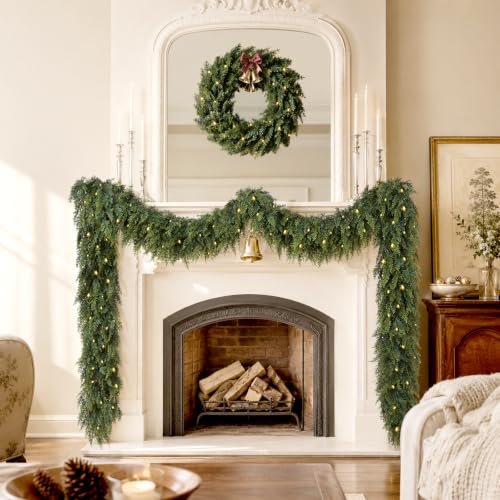 9FT Artificial Cedar Christmas Garland with Pre-Lit Warm LED Lights - Green / 9FT / 1 Piece
