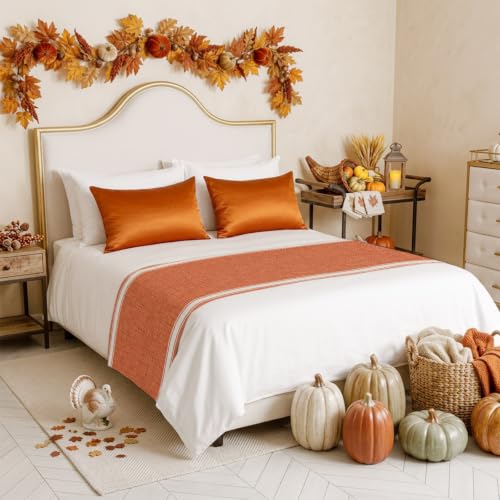 Burnt Orange Stripes Bed Runner for Twin Size Beds - 71 x 20 Inches Linen Decor