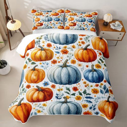 Pumpkin Thanksgiving Quilted Bedspread Set - Blue Yellow Green Full Size