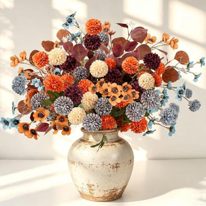 Artificial Fall Flowers Bouquet with Eucalyptus - Blue, Wine & Orange Variation