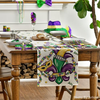 Irises Mask Carnival Mardi Gras Table Runner 13x120 Inches Purple for Holiday & Party Decor