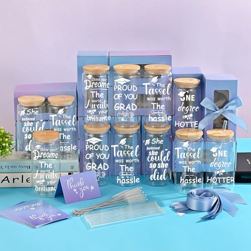 12-Pack Graduation Gift Glass Cups with Lids - 16 oz Commemorative Drinkware
