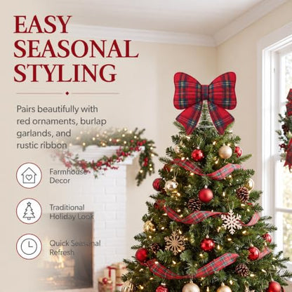 Plaid Bow Christmas Tree Topper Felt Holiday Decor - 9.06 Inches - Red Buffalo Plaid - Stable Spiral Base - Farmhouse Style