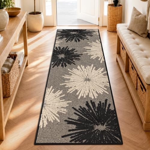 Findosom 2x6 Textured Floral Hallway Runner Rug Non Slip Black & Beige