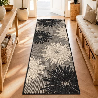 Findosom 2x6 Textured Floral Hallway Runner Rug Non Slip Black & Beige