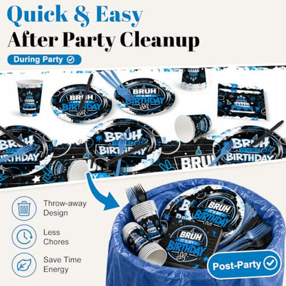 Bruh Its My Birthday Decorations Tableware Set - 98Pcs Blue & Black Party Supplies
