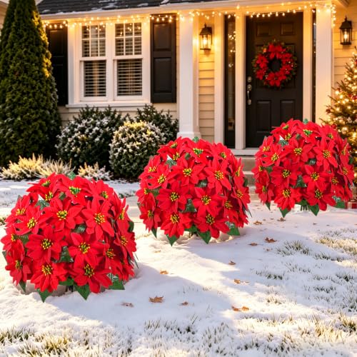 Artificial Poinsettia Topiary Trees - Red Holiday Outdoor Decor - 24 Inches - 2 Pack