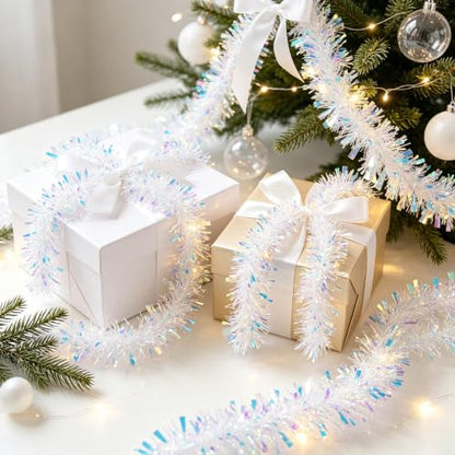 6.5FT Iridescent Christmas Tinsel Garland - Glitter Foil Holiday Decorations