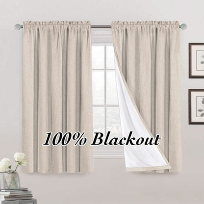 PrinceDeco Blackout Curtains 63 Inches Long 100% Blackout Curtains for Bedroom Rod Pocket Linen Textured Curtains Energy Saving with White Liner, 2 Panels(52 x 63 Inch, Natural)