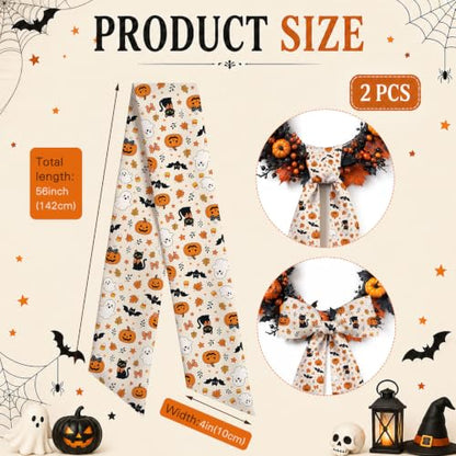 Halloween Wreath Sash Set - 2pcs 56 Inch Pumpkin Ghost Black Cat Satin Decorations
