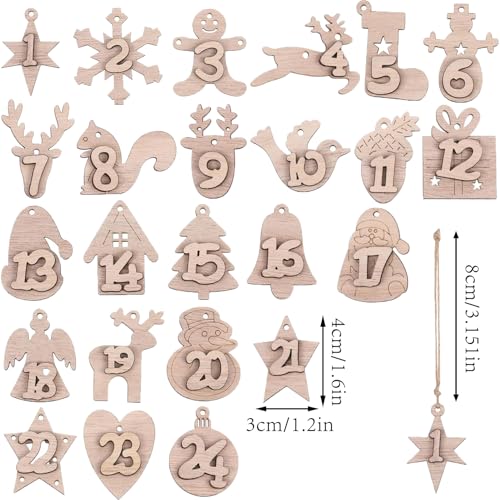 Wooden Christmas Advent Calendar Numbers 1-24 Countdown Decor Pendants