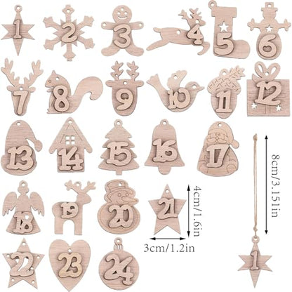 Wooden Christmas Advent Calendar Numbers 1-24 Countdown Decor Pendants