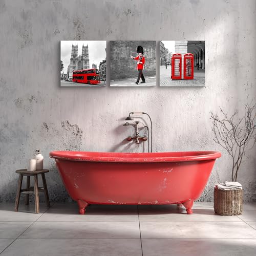 London Theme Canvas Wall Art Set - Black & White Cityscape with Red Buses & Guard Figures, 3 Pieces, 20x20 Inches - Ready to Hang