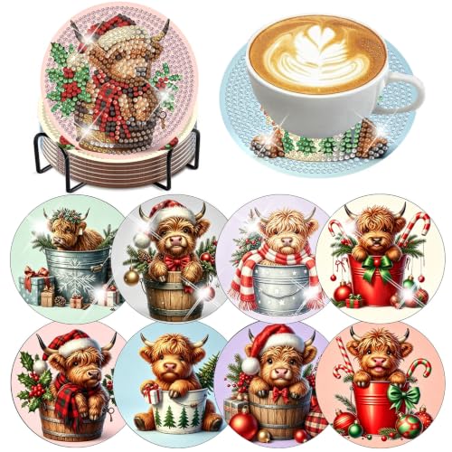 Christmas Cow Diamond Art Coasters Kit - 8 pcs Holiday Drink Protectors with Holder