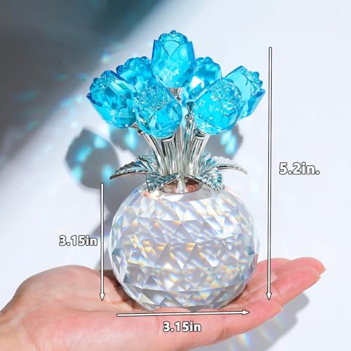 Crystal Lake Blue Rose Figurine with Vase - Romantic Glass Flower Gift for Women