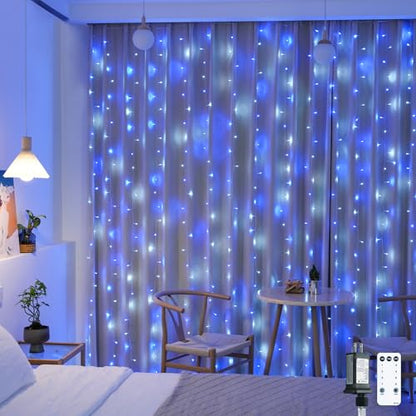 Blue and White Christmas Curtain Lights 300 LEDs 9.8x9.8ft with Remote