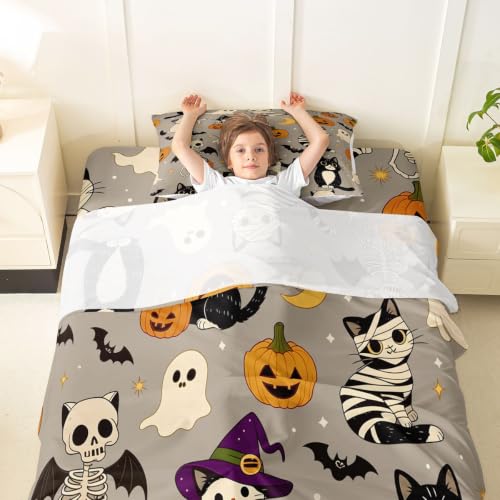 Dusty Gray Multi Cartoon Halloween Bed Sheets Set for Kids Twin Size Pumpkin & Cat Bedding with Deep Pockets