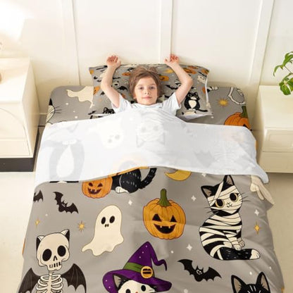 Dusty Gray Multi Cartoon Halloween Bed Sheets Set for Kids Twin Size Pumpkin & Cat Bedding with Deep Pockets