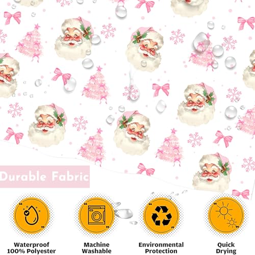 Christmas Shower Curtain Pink Bow Santa Snowflake 72x72 Inch Waterproof Holiday Bathroom Decor - Pink1