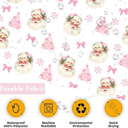 Christmas Shower Curtain Pink Bow Santa Snowflake 72x72 Inch Waterproof Holiday Bathroom Decor - Pink1