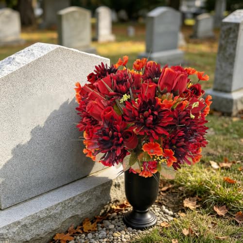 Artificial Fall Cemetery Flowers Set for Grave Decoration - 22 Heads, Weather-Resistant