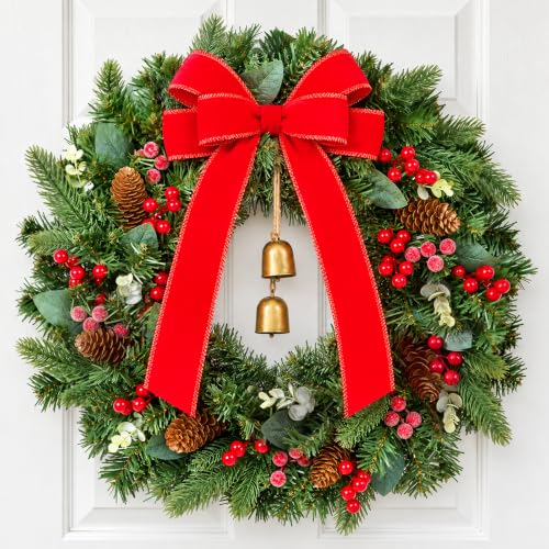Green 20-Inch Christmas Wreaths with Red Bow & Bells - 2 Pack, Real Touch Pine
