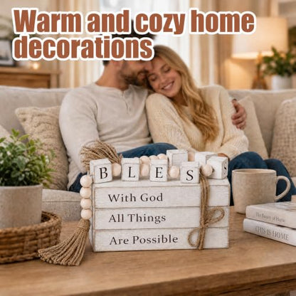 Farmhouse Decor Books Set with Faith Message and Beaded Tassels - Rustic White Wooden Faux Book Ornaments