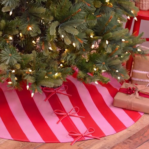 36-Inch Pink and Red Christmas Tree Skirt with Bow Ties - Holiday Decor