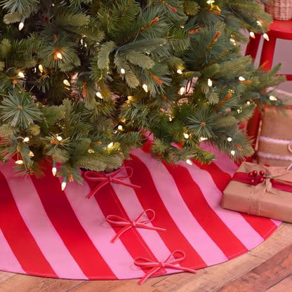 36-Inch Pink and Red Christmas Tree Skirt with Bow Ties - Holiday Decor