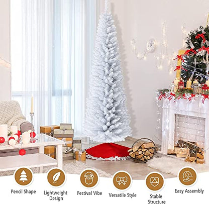 7Ft Slim Artificial Christmas Tree with 436 Tips, White, Hinged Design & Metal Stand