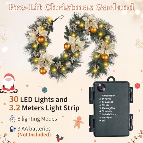 6ft Christmas Garland with Lights - Natural Pine Branches, Berries & Poinsettias - Style3