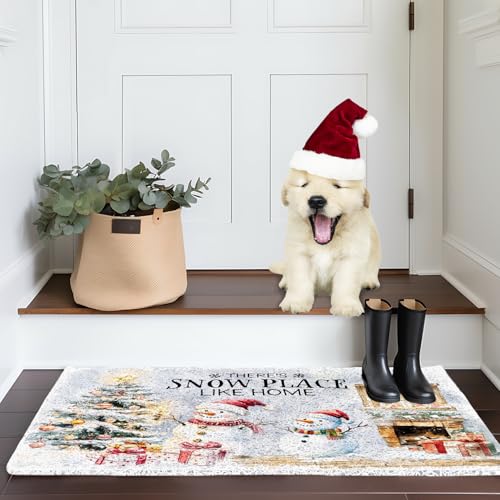 Christmas Snowman Door Mat - Farmhouse Snowy Tree Welcome Rug for Indoor Outdoor Entrance - 17x30 Inches - Variation of THIS listing