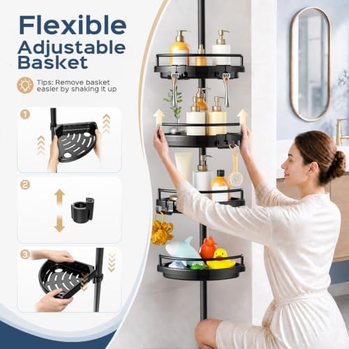 HAMITOR Black Corner Shower Caddy Tension Pole 4-Tier Rustproof Organizer