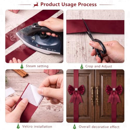 Christmas Cabinet Ribbons Bows - Burgundy Satin Set of 8, 77.9-inch