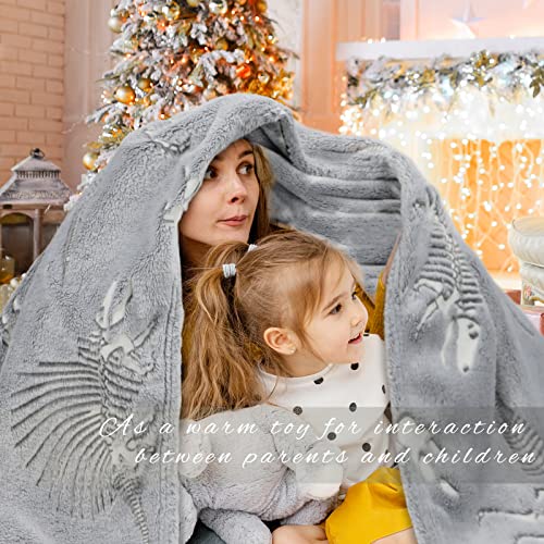 Glow in The Dark Dinosaur Blanket - Queen Size 90" x 90" Fluorescent Dinosaur