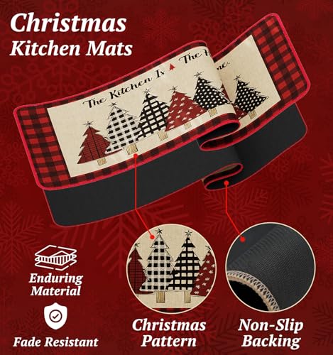 Christmas Kitchen Mat Set of 2 - Non Slip Holiday Rug with Christmas Tree Design, Red - 17x29 & 17x47 Inches