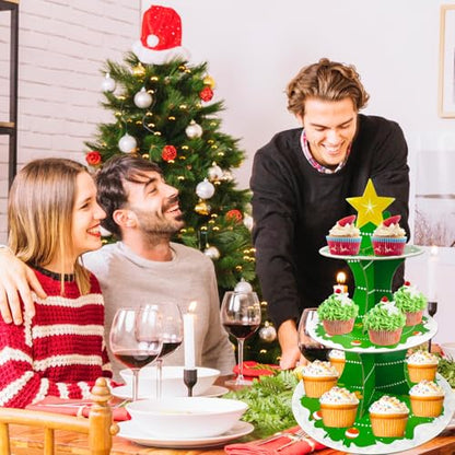 Christmas Dessert Cupcake Stand 3-Tier Green Cardboard Holder for Xmas Parties