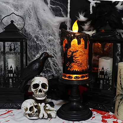 DRomance Halloween Flameless Candle Snow Globe Battery Operated with 6 Hour Timer, Yellow Light Bat Decal Water Tornado Lamp LED Candlestick Halloween Season Decor Gift 4 x 10 Inches