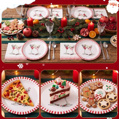 Christmas Cocktail Disposable Plates and Napkins Set - 50 Pieces, Holiday Party Tableware